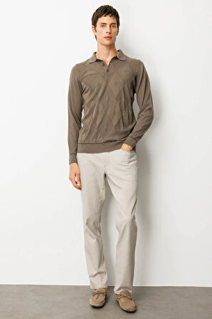 Erkek Polo Yaka Çizgili Baklavalı Yün Kazak Vizon