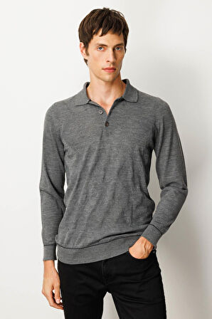 Erkek Polo Yaka Çizgili Baklavalı Yün Kazak Füme