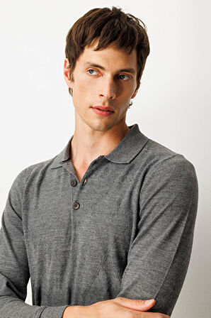 Erkek Polo Yaka Çizgili Baklavalı Yün Kazak Füme