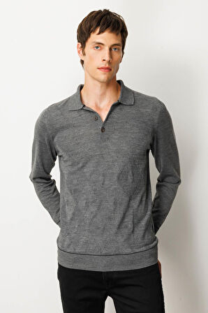 Erkek Polo Yaka Çizgili Baklavalı Yün Kazak Füme