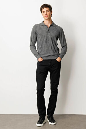 Erkek Polo Yaka Çizgili Baklavalı Yün Kazak Füme