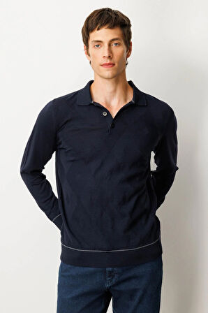 Erkek Polo Yaka Çizgili Baklavalı Yün Kazak K.Lacivert