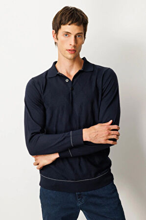 Erkek Polo Yaka Çizgili Baklavalı Yün Kazak K.Lacivert