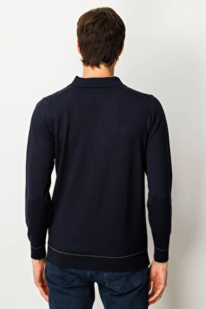 Erkek Polo Yaka Çizgili Baklavalı Yün Kazak K.Lacivert