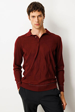 Erkek Polo Yaka Çizgili Baklavalı Yün Kazak Bordo