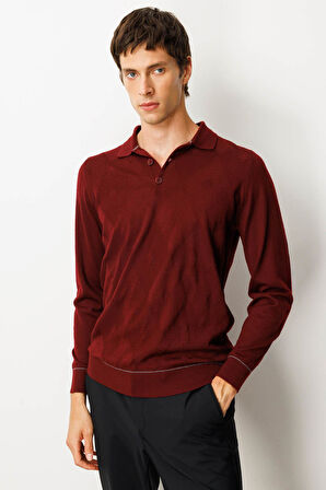 Erkek Polo Yaka Çizgili Baklavalı Yün Kazak Bordo