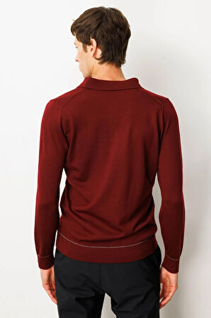 Erkek Polo Yaka Çizgili Baklavalı Yün Kazak Bordo