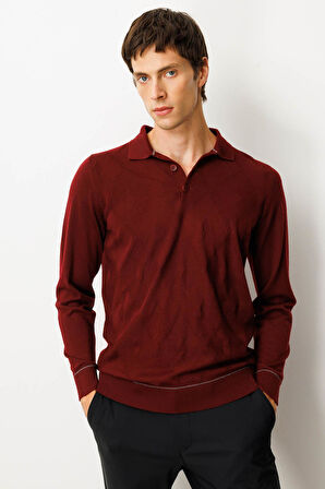 Erkek Polo Yaka Çizgili Baklavalı Yün Kazak Bordo