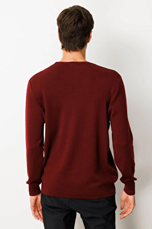 Erkek Sıfır Yaka Çelik Örgü Yün Kazak Bordo