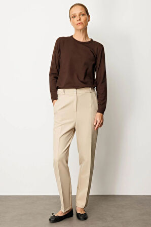 Kadın Çift Köprülü Fileto Cepli Kumaş Pantolon Bej