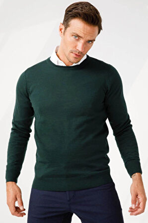 Erkek Basic Sıfır Yaka İnce Triko Kazak Yeşil