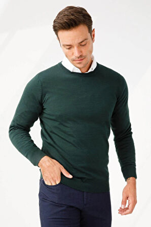 Erkek Basic Sıfır Yaka İnce Triko Kazak Yeşil