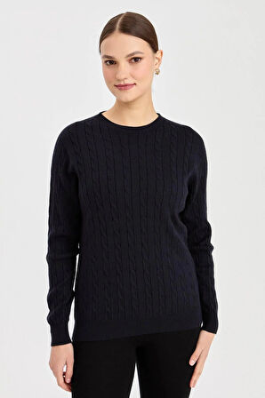 Kadın Sıfır Yaka Saç Örgülü Kazak K.Lacivert