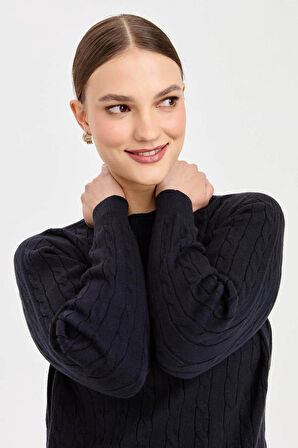 Kadın Sıfır Yaka Saç Örgülü Kazak K.Lacivert