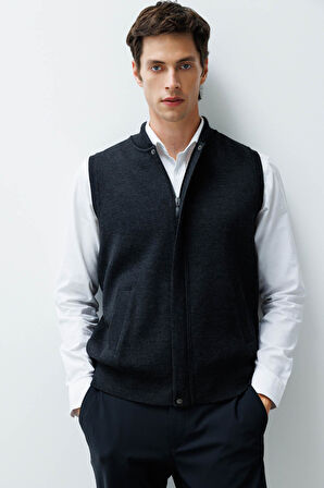 Erkek Hakim Yaka Çelik Örgü Yün Yelek K.Füme
