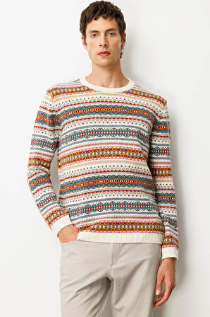 Erkek Sıfır Yaka Jakarlı Yün Kazak Kemik