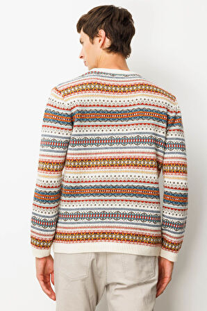 Erkek Sıfır Yaka Jakarlı Yün Kazak Kemik