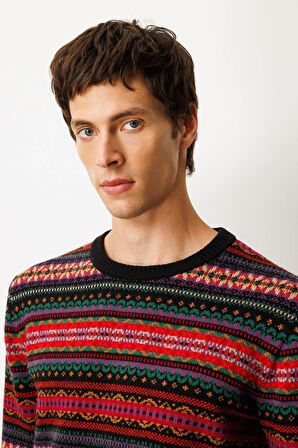 Erkek Sıfır Yaka Jakarlı Yün Kazak Siyah