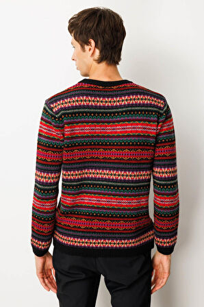 Erkek Sıfır Yaka Jakarlı Yün Kazak Siyah