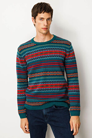 Erkek Sıfır Yaka Jakarlı Yün Kazak K.Ö.başı