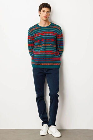 Erkek Sıfır Yaka Jakarlı Yün Kazak K.Ö.başı