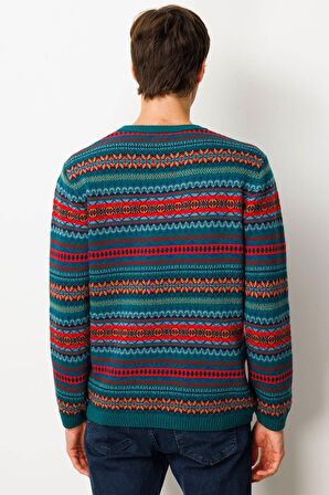 Erkek Sıfır Yaka Jakarlı Yün Kazak K.Ö.başı