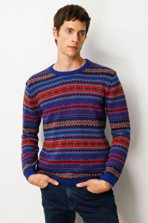 Erkek Sıfır Yaka Jakarlı Yün Kazak K.S.Mavi