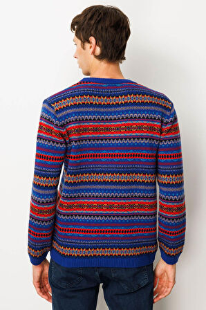 Erkek Sıfır Yaka Jakarlı Yün Kazak K.S.Mavi