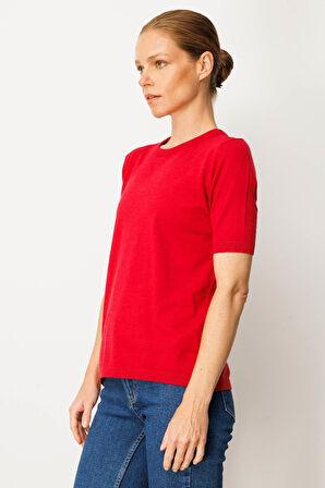 Kadın Sıfır Yaka Kısa Kollu Düz Bluz K.Kırmızı