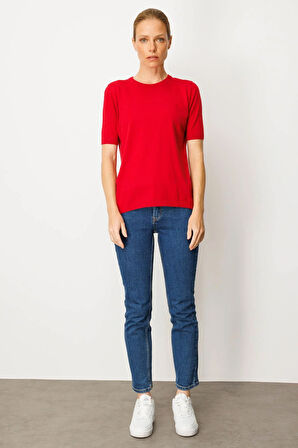 Kadın Sıfır Yaka Kısa Kollu Düz Bluz K.Kırmızı