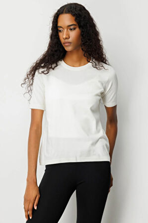 Kadın Sıfır Yaka Kısa Kollu Düz Bluz Kemik