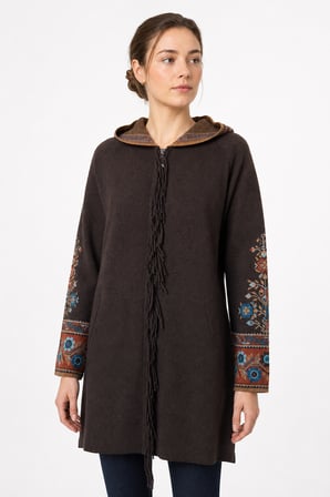 Kadın Kapüşonlu Kilim Jakarlı Püsküllü Yün Kaban K.Kahve