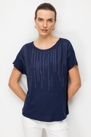 Kadın Sıfır Yaka Su Yolu Taşlı Düşük Kollu Penye T-shirt Lacivert