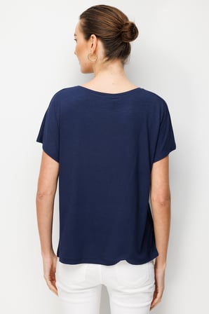 Kadın Sıfır Yaka Su Yolu Taşlı Düşük Kollu Penye T-shirt Lacivert