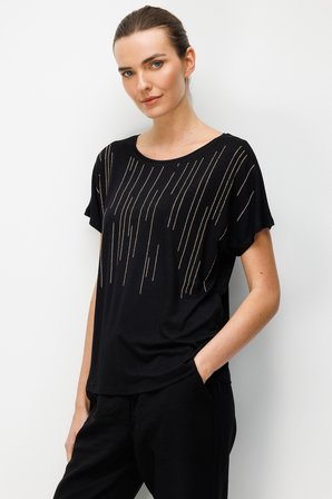 Kadın Sıfır Yaka Su Yolu Taşlı Düşük Kollu Penye T-shirt Siyah
