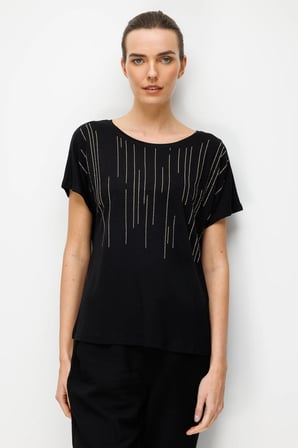 Kadın Sıfır Yaka Su Yolu Taşlı Düşük Kollu Penye T-shirt Siyah