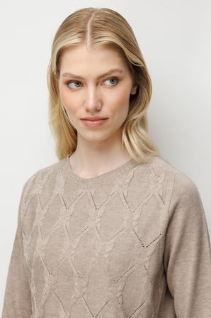 Kadın Sıfır Yaka Baklava Yürütmeli Triko Kazak Vizon