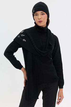 Kadın Taşlı İşlemeli Yün Bere Siyah