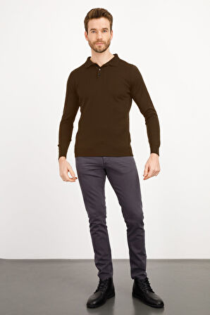Erkek Basic Polo Yaka İnce Triko Kazak Koyu Kahve