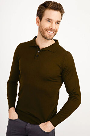Erkek Basic Polo Yaka İnce Triko Kazak Koyu Kahve