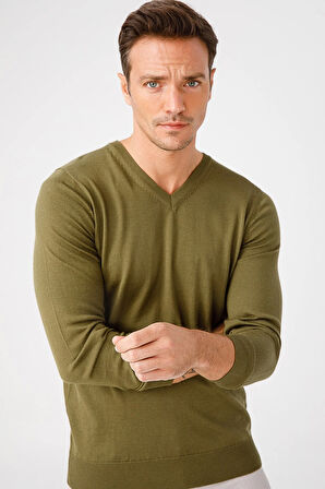 Erkek Basic V Yaka İnce Triko Kazak Haki