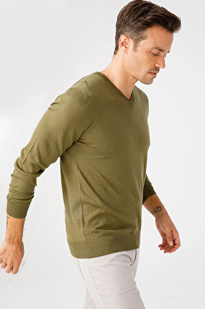 Erkek Basic V Yaka İnce Triko Kazak Haki