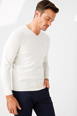 Erkek Basic V Yaka İnce Triko Kazak Kemik