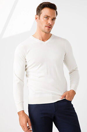 Erkek Basic V Yaka İnce Triko Kazak Kemik