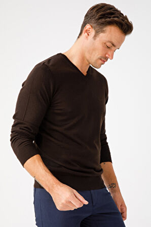 Erkek Basic V Yaka İnce Triko Kazak Koyu Kahve