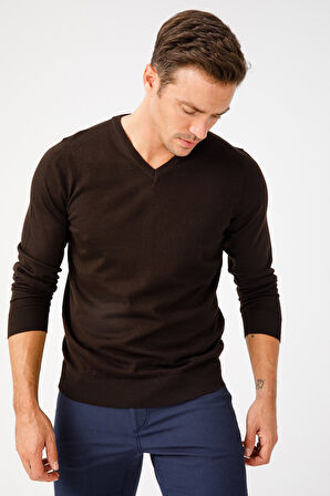Erkek Basic V Yaka İnce Triko Kazak Koyu Kahve