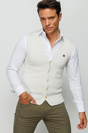 Erkek İnce Triko Düz Yelek Kemik