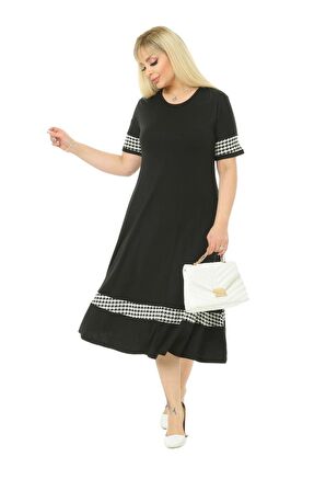 Melsay Butik Kazayağı Şerit Detaylı Kadın Büyük Beden Midi Elbise