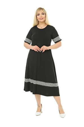 Melsay Butik Kazayağı Şerit Detaylı Kadın Büyük Beden Midi Elbise