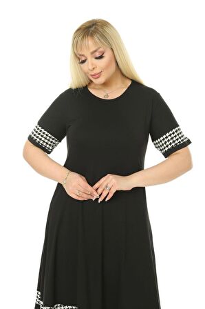 Melsay Butik Kazayağı Şerit Detaylı Kadın Büyük Beden Midi Elbise